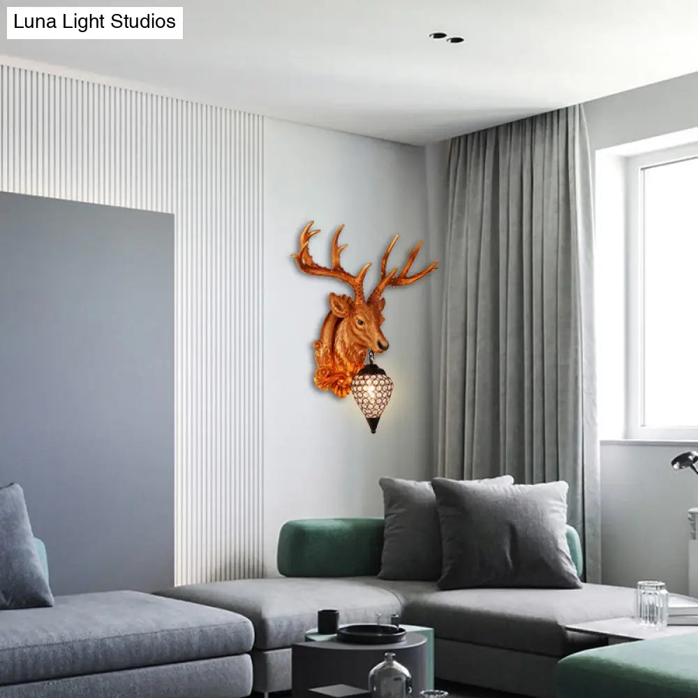 13"/26" Single Resin Wall Light Fixture - Country White/Yellow/Gold - Deer Head Sconce with Crystal Teardrop Shade - Living Room Lamp