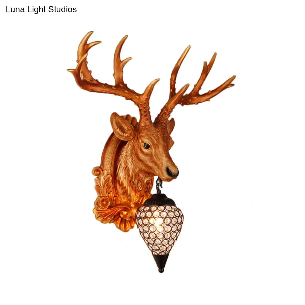 13"/26" Single Resin Wall Light Fixture - Country White/Yellow/Gold - Deer Head Sconce with Crystal Teardrop Shade - Living Room Lamp