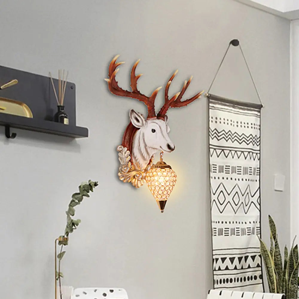 13"/26" Single Resin Wall Light Fixture - Country White/Yellow/Gold - Deer Head Sconce with Crystal Teardrop Shade - Living Room Lamp
