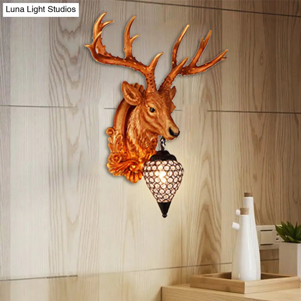 13"/26" Single Resin Wall Light Fixture - Country White/Yellow/Gold - Deer Head Sconce with Crystal Teardrop Shade - Living Room Lamp
