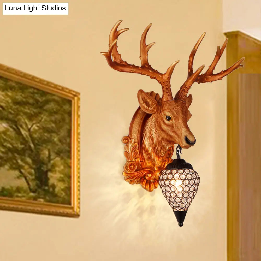 13"/26" Single Resin Wall Light Fixture - Country White/Yellow/Gold - Deer Head Sconce with Crystal Teardrop Shade - Living Room Lamp