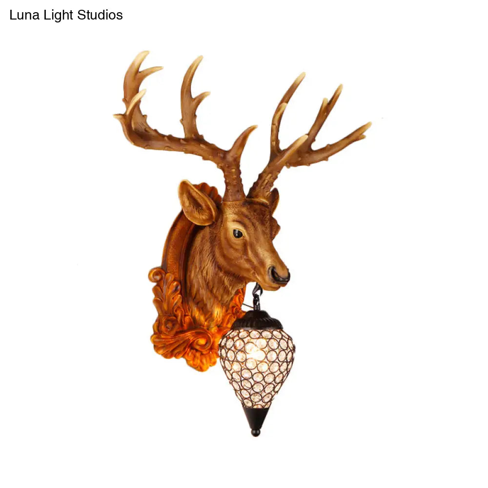 13"/26" Single Resin Wall Light Fixture - Country White/Yellow/Gold - Deer Head Sconce with Crystal Teardrop Shade - Living Room Lamp
