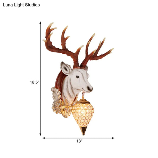 13"/26" Single Resin Wall Light Fixture - Country White/Yellow/Gold - Deer Head Sconce with Crystal Teardrop Shade - Living Room Lamp