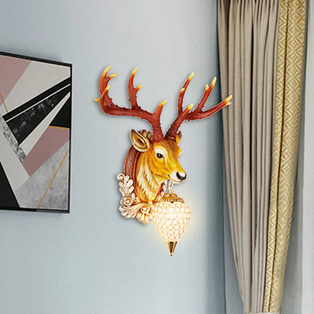 13"/26" Single Resin Wall Light Fixture - Country White/Yellow/Gold - Deer Head Sconce with Crystal Teardrop Shade - Living Room Lamp