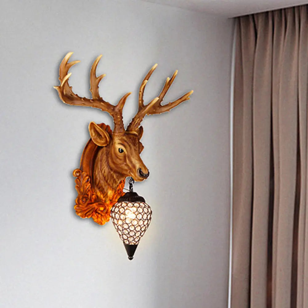 13"/26" Single Resin Wall Light Fixture - Country White/Yellow/Gold - Deer Head Sconce with Crystal Teardrop Shade - Living Room Lamp