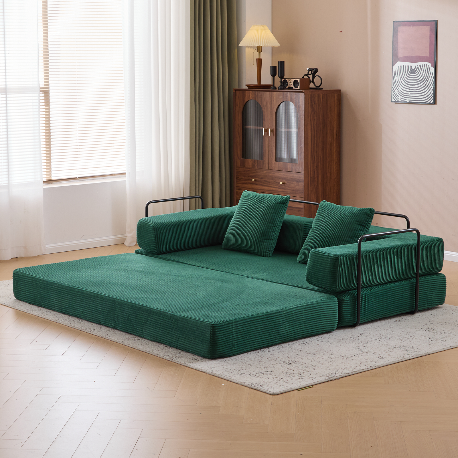 Sofá de Suelo, Sofá de Compresión, Sofá Cama Convertible de Suelo - con Soporte de Espalda en Almohada y Reposabrazos, Sofá Futón Cómodo para Reposar Cama para Dormir, Tela de Corduroy, para Sala de Estar y Dormitorio en Verde Oscuro
