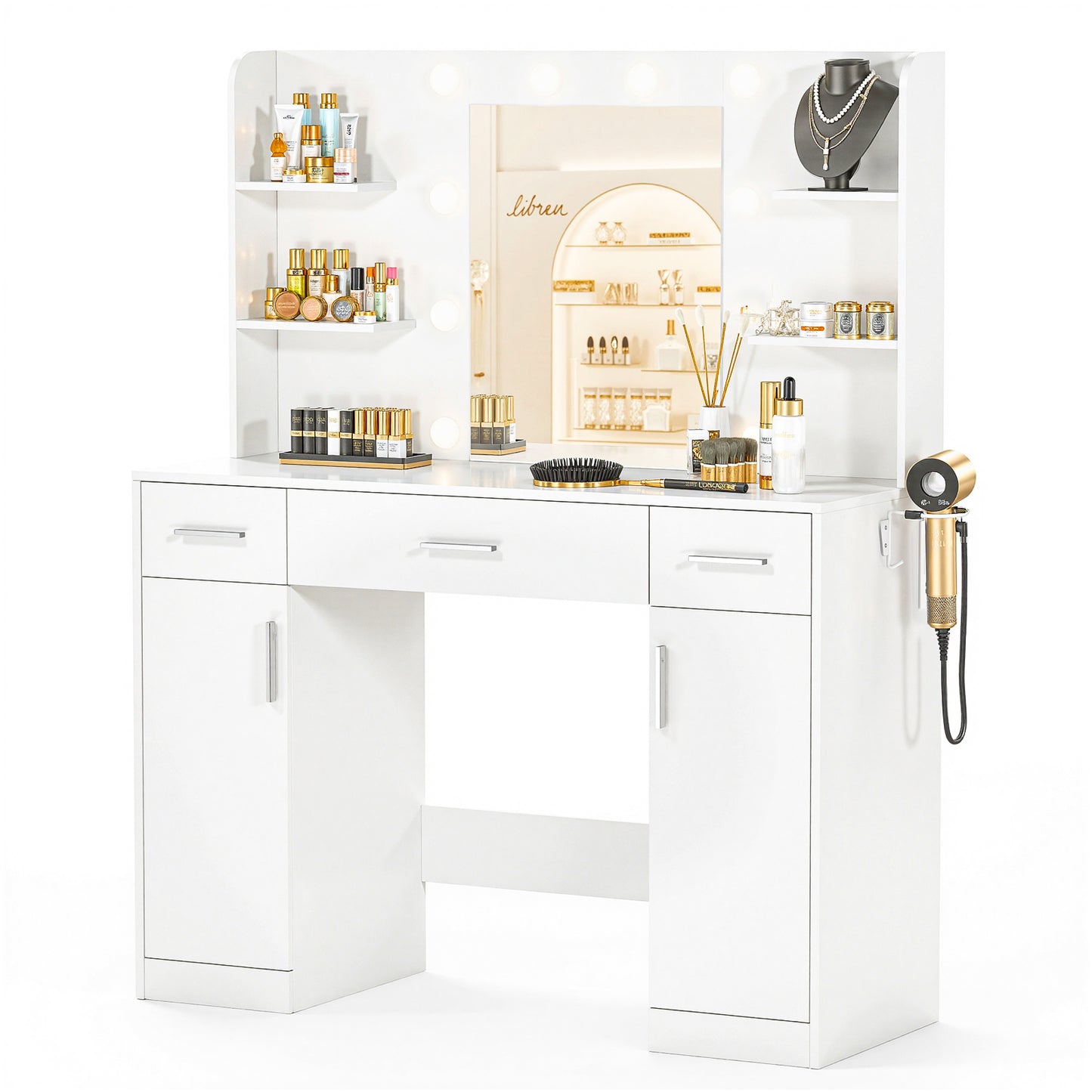 Dressing Table And Mirror, Dressing Table And Bedroom Dressing Table With 3-color Light Options For Adjustable Brightness, White