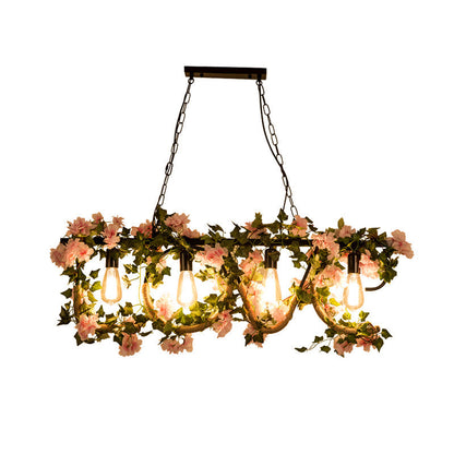 DecorBites™ Black Metal 4-Light Linear Island Lamp with Hanging Artificial Plant - Lodge Style