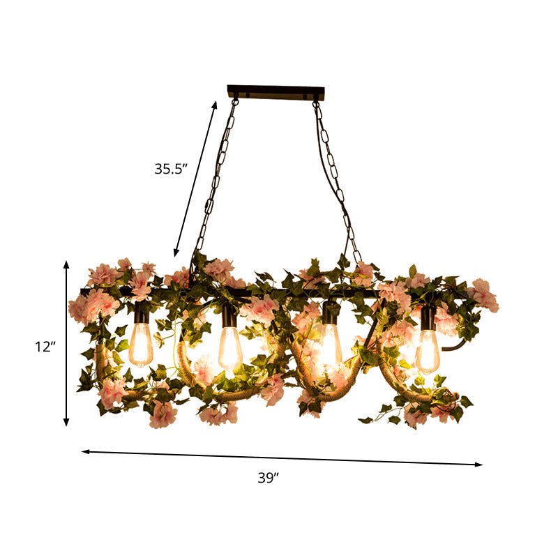 DecorBites™ Black Metal 4-Light Linear Island Lamp with Hanging Artificial Plant - Lodge Style