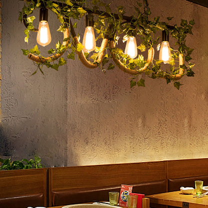 DecorBites™ Black Metal 4-Light Linear Island Lamp with Hanging Artificial Plant - Lodge Style