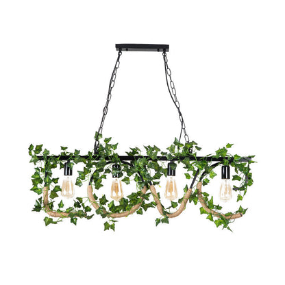 DecorBites™ Black Metal 4-Light Linear Island Lamp with Hanging Artificial Plant - Lodge Style