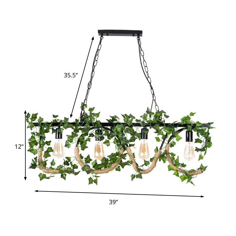 DecorBites™ Black Metal 4-Light Linear Island Lamp with Hanging Artificial Plant - Lodge Style