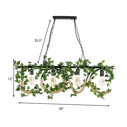 DecorBites™ Black Metal 4-Light Linear Island Lamp with Hanging Artificial Plant - Lodge Style