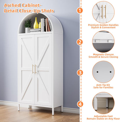 White Kitchen Pantry Cabinet, Arched Storage Cabinet With Doors And Adjustable Shelves, Tall Freestanding Cupboard For Laundry, Dining Room, Living Room, Bathroom