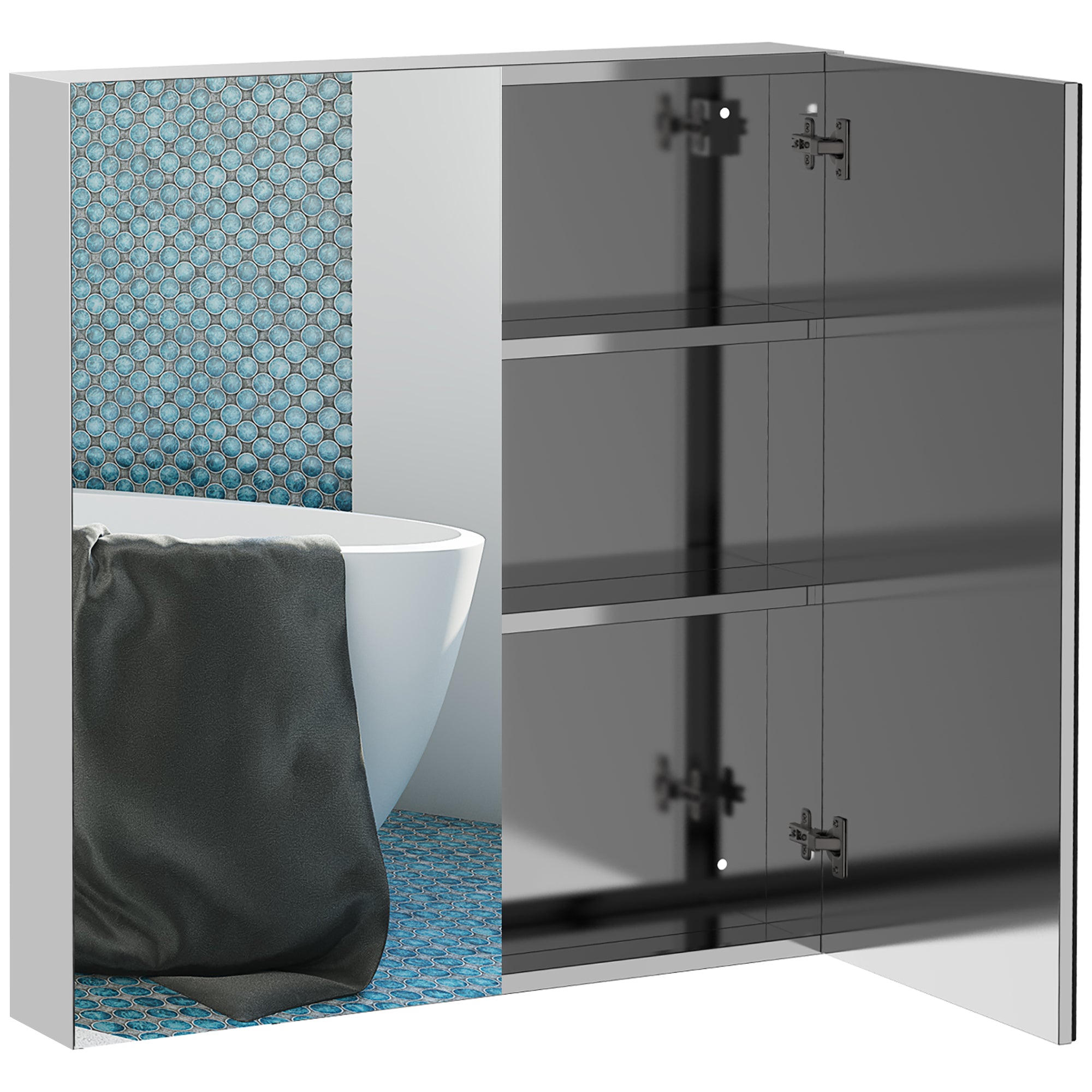 Kleankin Badezimmerschrank mit Spiegel 3-stufiger Edelstahl-Aufbewahrung Silber