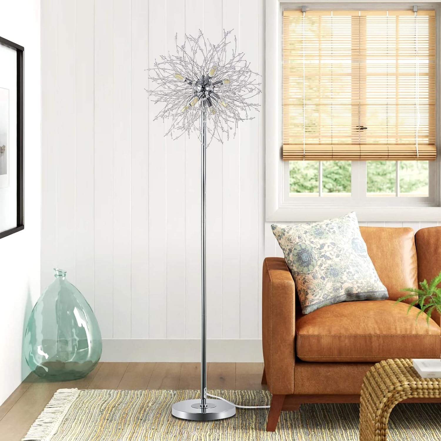 Lámpara de Pie de Cristal para Dormitorio,,Lámpara de Poste de 69 Pulgadas de Alto, Lámpara de Piso Decorativa para Habitación Moderna, Incluye 32 Suspensores de Cristal de Fuegos Artificiales, Acabado en Cromo Plataformas No Disponibles- Welfel