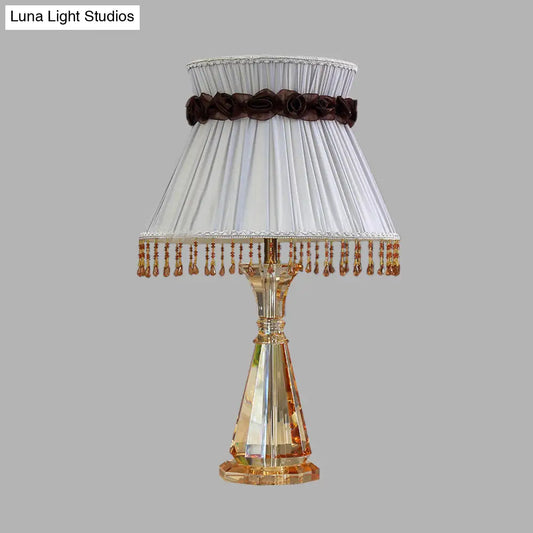 14"/15" Wide Cone Fabric Night Light Bedroom Lamp in Grey with Crystal Accent for Traditional Nightstands
