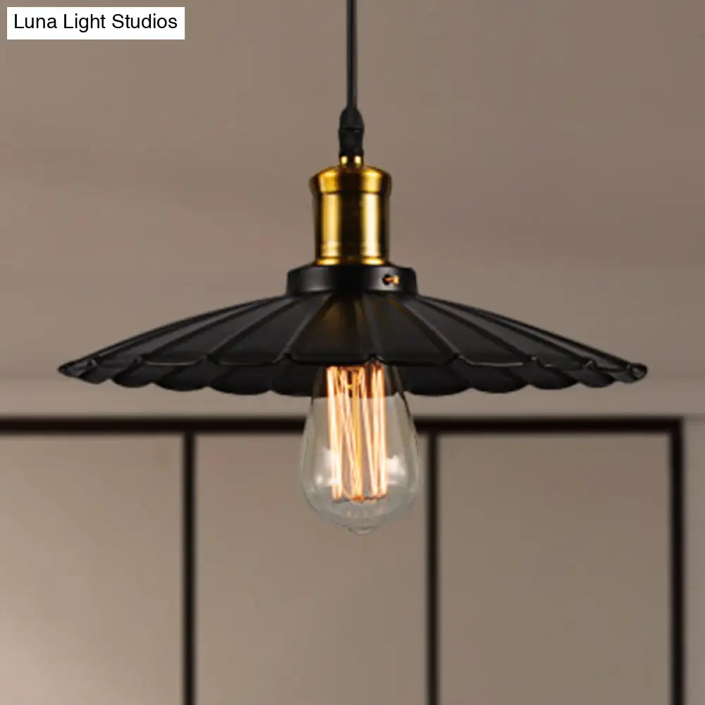 14"/16" Dia Industrial Scalloped Pendant Light 1 Head Metallic Ceiling Pendant Lamp in Black/White