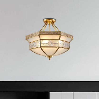 14"/18"/23.5" Vintage Brass Geometric Ceiling Mounted Fixture - Frosted Glass - 3/4/6 Lights - Semi Mount Lighting - Living Room