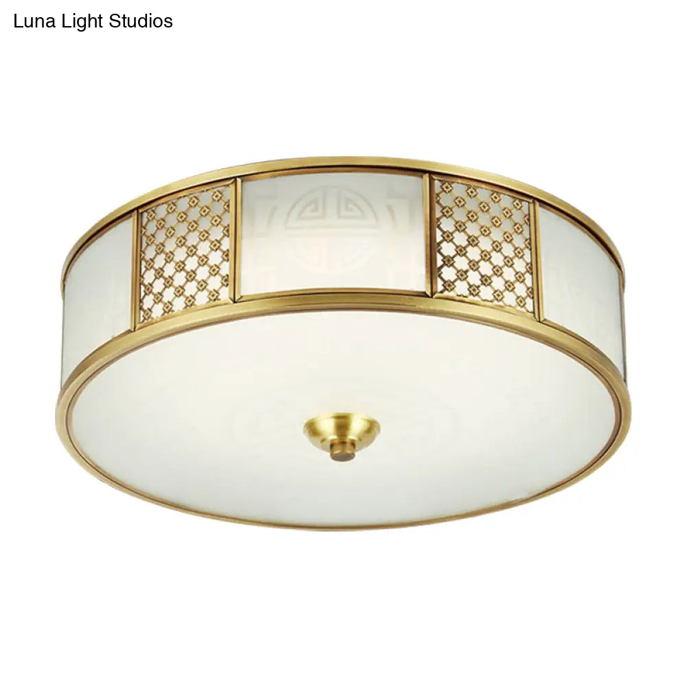 14"/18" Wide 4-Light Colonial Drum Flush Mount Ceiling Light with Milky Glass Flushmount in Brass"
or
"Colonial Drum Flush Mount Ceiling Light - 14"/18" Wide 4-Light, Milky Glass Flushmount in Brass