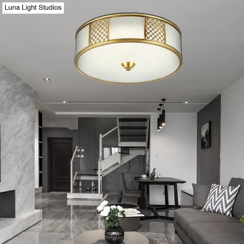 14"/18" Wide 4-Light Colonial Drum Flush Mount Ceiling Light with Milky Glass Flushmount in Brass"
or
"Colonial Drum Flush Mount Ceiling Light - 14"/18" Wide 4-Light, Milky Glass Flushmount in Brass