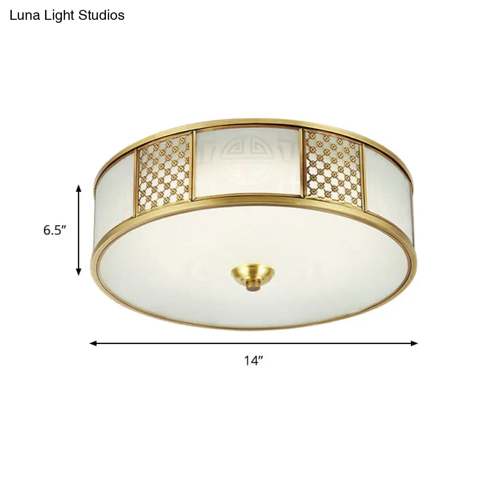 14"/18" Wide 4-Light Colonial Drum Flush Mount Ceiling Light with Milky Glass Flushmount in Brass"
or
"Colonial Drum Flush Mount Ceiling Light - 14"/18" Wide 4-Light, Milky Glass Flushmount in Brass