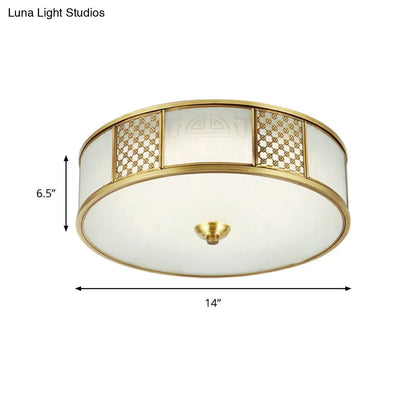 DecorBites™ DecorBites™ 14"/18" Wide 4-Light Colonial Drum Flush Mount Ceiling Light with Milky Glass Flushmount in Brass"
or
"Colonial Drum Flush Mount Ceiling Light - 14"/18" Wide 4-Light, Milky Glass Flushmount in Brass
