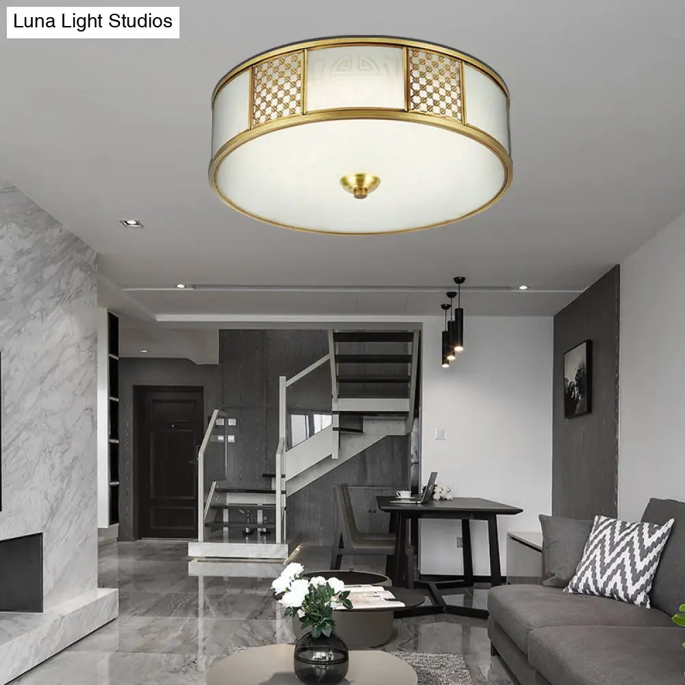 14"/18" Wide 4-Light Colonial Drum Flush Mount Ceiling Light with Milky Glass Flushmount in Brass"
or
"Colonial Drum Flush Mount Ceiling Light - 14"/18" Wide 4-Light, Milky Glass Flushmount in Brass