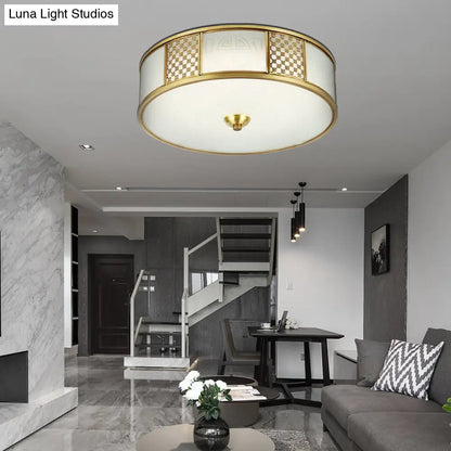 DecorBites™ DecorBites™ 14"/18" Wide 4-Light Colonial Drum Flush Mount Ceiling Light with Milky Glass Flushmount in Brass"
or
"Colonial Drum Flush Mount Ceiling Light - 14"/18" Wide 4-Light, Milky Glass Flushmount in Brass