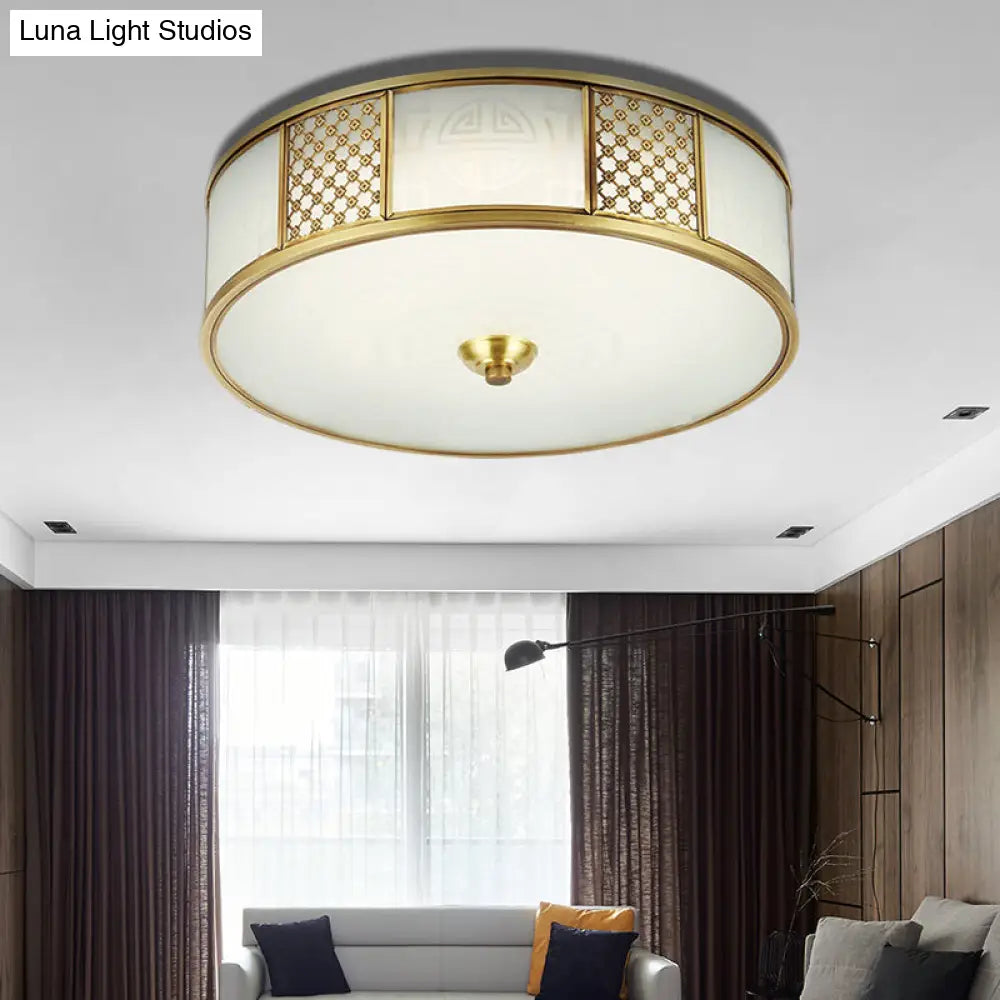 14"/18" Wide 4-Light Colonial Drum Flush Mount Ceiling Light with Milky Glass Flushmount in Brass"
or
"Colonial Drum Flush Mount Ceiling Light - 14"/18" Wide 4-Light, Milky Glass Flushmount in Brass