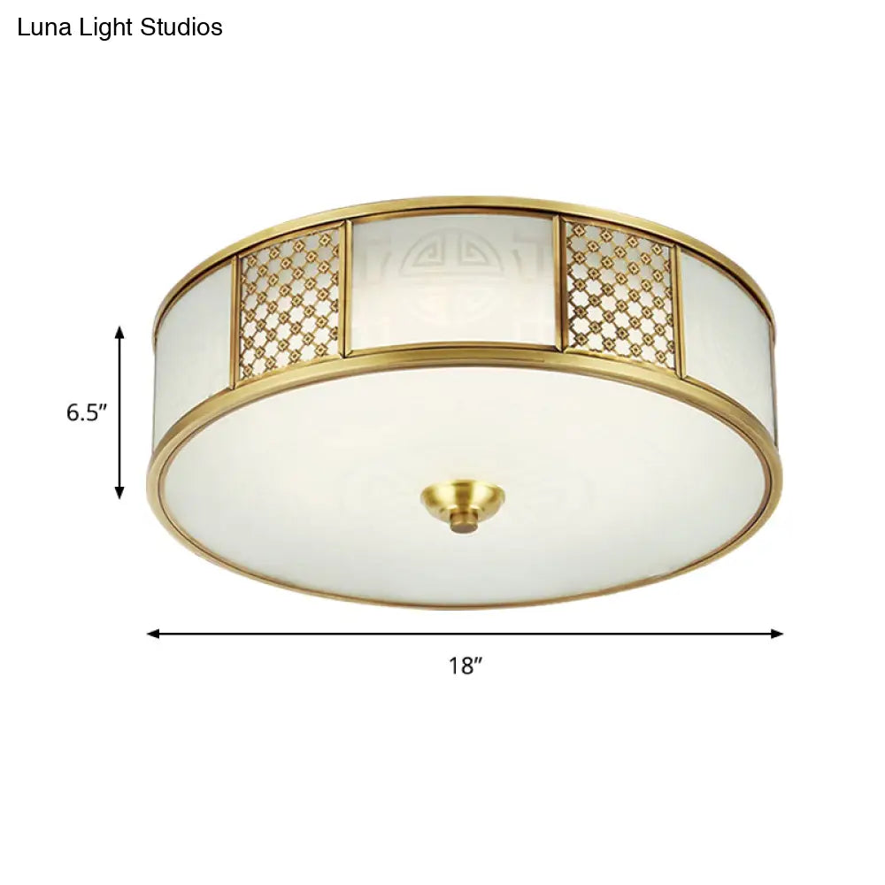14"/18" Wide 4-Light Colonial Drum Flush Mount Ceiling Light with Milky Glass Flushmount in Brass"
or
"Colonial Drum Flush Mount Ceiling Light - 14"/18" Wide 4-Light, Milky Glass Flushmount in Brass