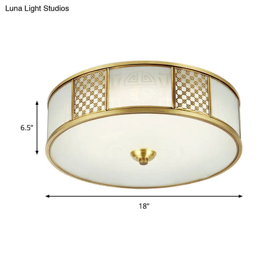 14"/18" Wide 4-Light Colonial Drum Flush Mount Ceiling Light with Milky Glass Flushmount in Brass"
or
"Colonial Drum Flush Mount Ceiling Light - 14"/18" Wide 4-Light, Milky Glass Flushmount in Brass