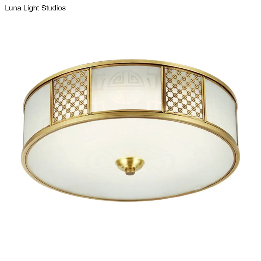 14"/18" Wide 4-Light Colonial Drum Flush Mount Ceiling Light with Milky Glass Flushmount in Brass"
or
"Colonial Drum Flush Mount Ceiling Light - 14"/18" Wide 4-Light, Milky Glass Flushmount in Brass