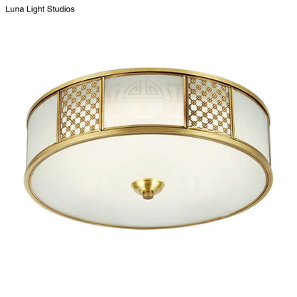 DecorBites™ DecorBites™ 14"/18" Wide 4-Light Colonial Drum Flush Mount Ceiling Light with Milky Glass Flushmount in Brass"
or
"Colonial Drum Flush Mount Ceiling Light - 14"/18" Wide 4-Light, Milky Glass Flushmount in Brass
