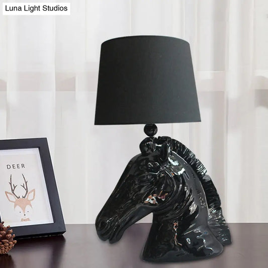 14"/18" Wide Vintage 1-Light Table Lamp with Tapered Fabric Shade and Horse Head Base in Black