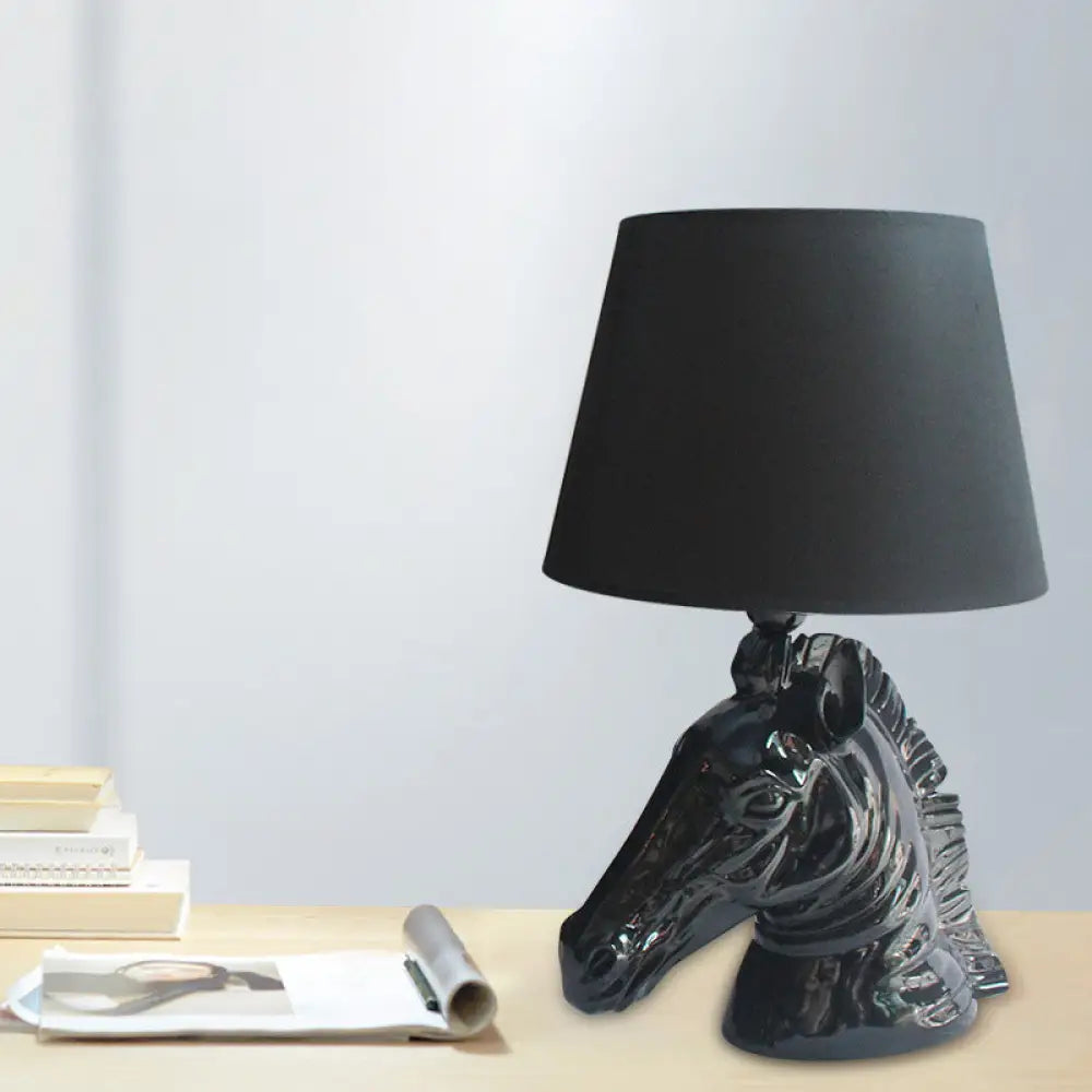 14"/18" Wide Vintage 1-Light Table Lamp with Tapered Fabric Shade and Horse Head Base in Black