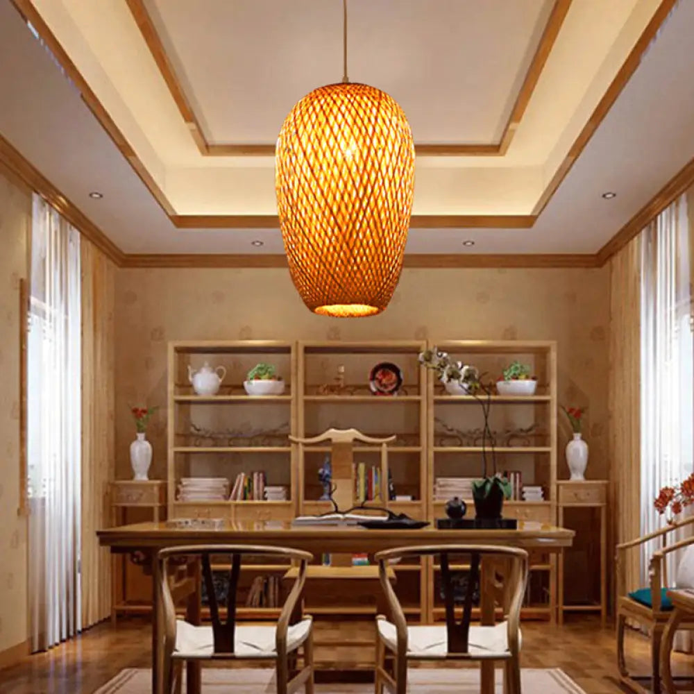 14.5" H Bamboo Oblong Pendant - 1 Light Asia Hanging Ceiling Light in Beige