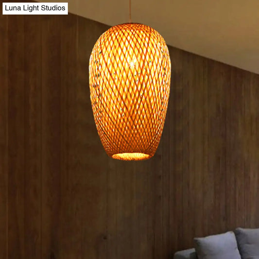 14.5" H Bamboo Oblong Pendant - 1 Light Asia Hanging Ceiling Light in Beige