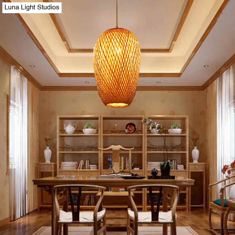 14.5" H Bamboo Oblong Pendant - 1 Light Asia Hanging Ceiling Light in Beige