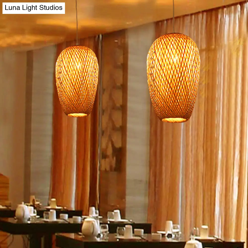 14.5" H Bamboo Oblong Pendant - 1 Light Asia Hanging Ceiling Light in Beige