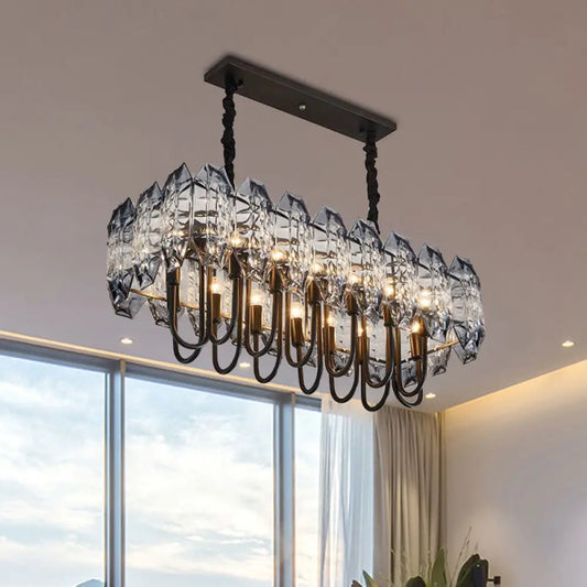 14-Head Crystal Flute Hanging Ceiling Light in Swirled Black - Sleek Island Lighting Idea
