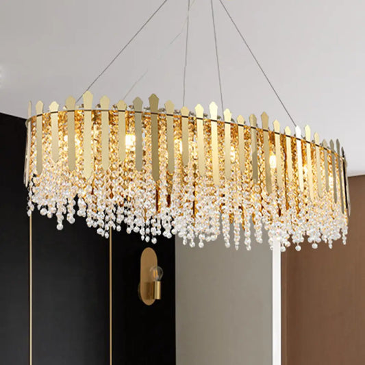14-Light Gold Elliptical Island Pendant with Clear Crystal Beads - Luxurious Hanging Light Fixture