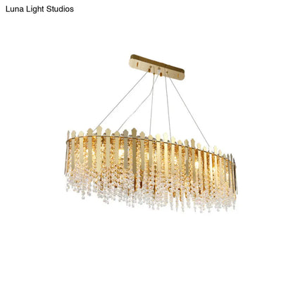 DecorBites™ 14-Light Gold Elliptical Island Pendant with Clear Crystal Beads - Luxurious Hanging Light Fixture