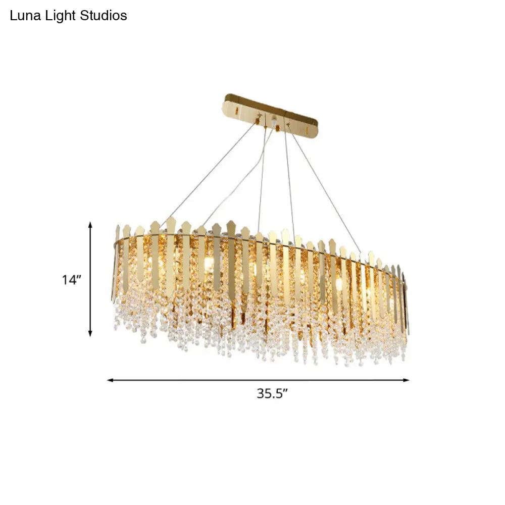 14-Light Gold Elliptical Island Pendant with Clear Crystal Beads - Luxurious Hanging Light Fixture