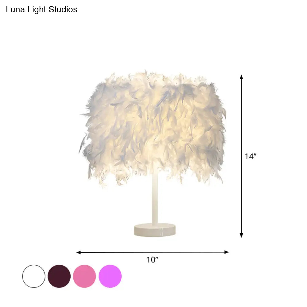 14"" Modern Feather Cylinder Night Light - Pink/White/Purple Bedside Table Lamp