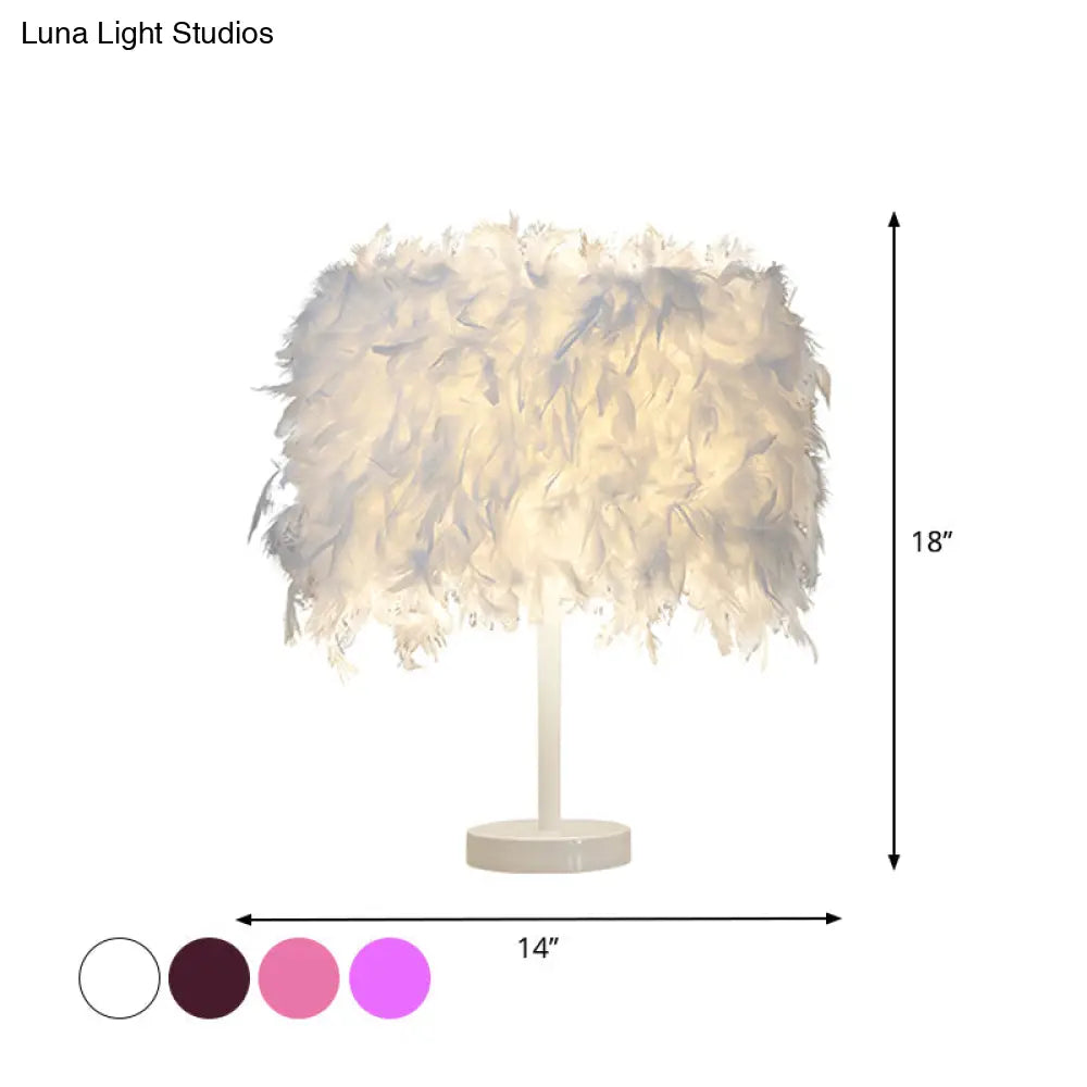 14"" Modern Feather Cylinder Night Light - Pink/White/Purple Bedside Table Lamp