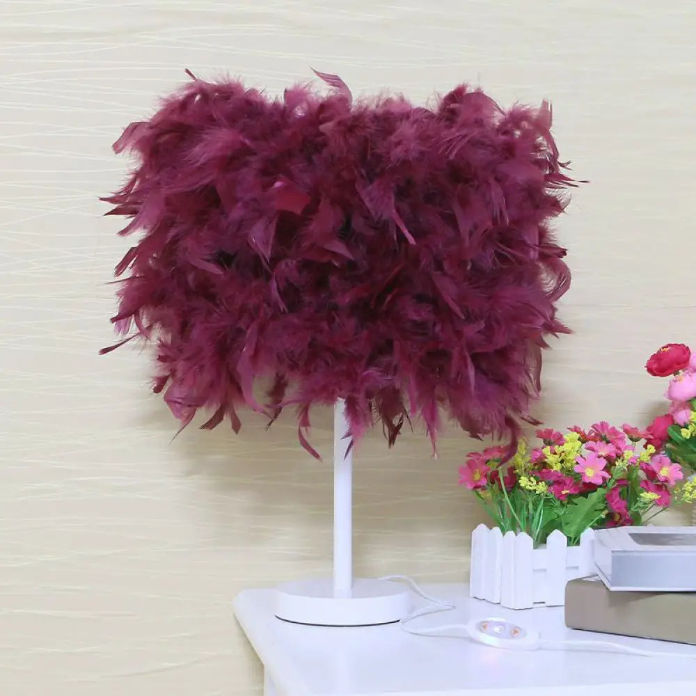 14"" Modern Feather Cylinder Night Light - Pink/White/Purple Bedside Table Lamp