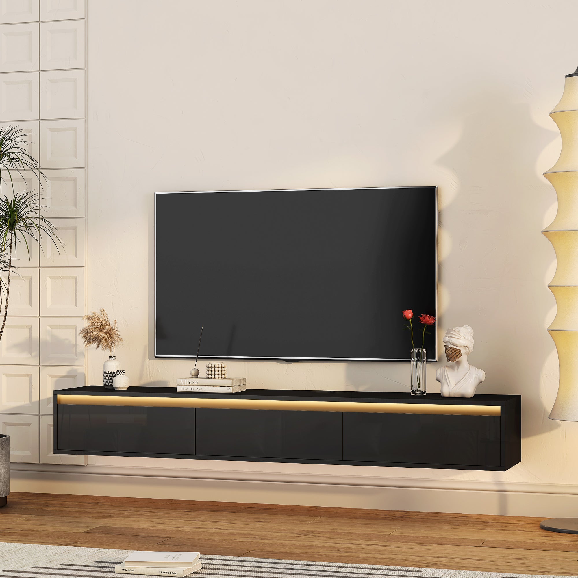 Schwebender TV-Ständer, Wandmontierter TV-Regal mit LED-Lichtern & Stromsteckdose, Hochglänzender TV-Schrank für schwarze TV-Ständer für das Wohnzimmer