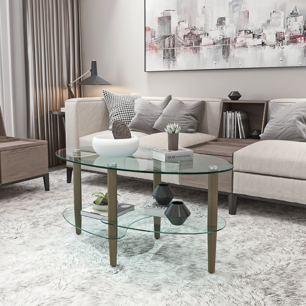 Glass Oval Coffee Table Clear Wood Legs