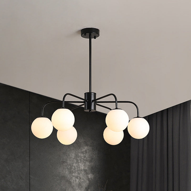 Lámpara de techo moderna con globo de cristal blanco y diseño radial - 6/8/10 luces, lámpara colgante, brazo curvo